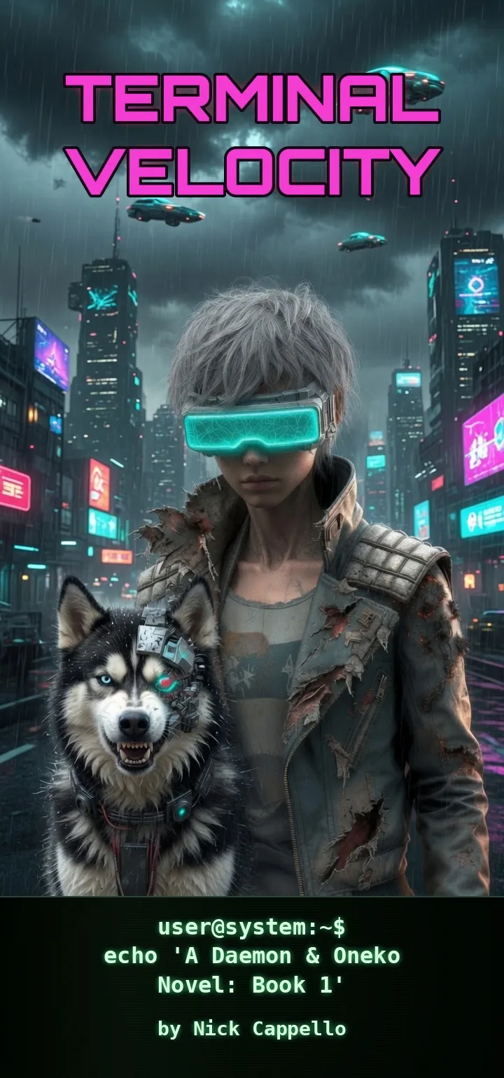 Terminal Velocity book cover: Daemon and his cybernetically modified dog Oneko stand in the rain-lit streets of Neo-Kyoto